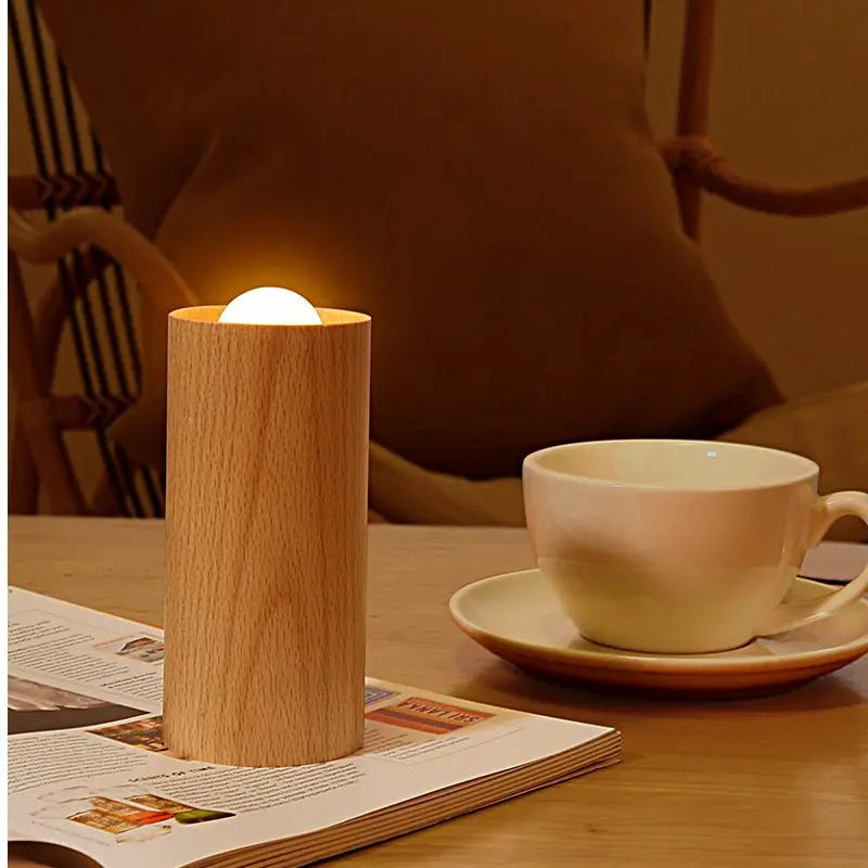 LED Table Lamp with Candlelight Ambiance and Wood Cylinder Accent Luxe