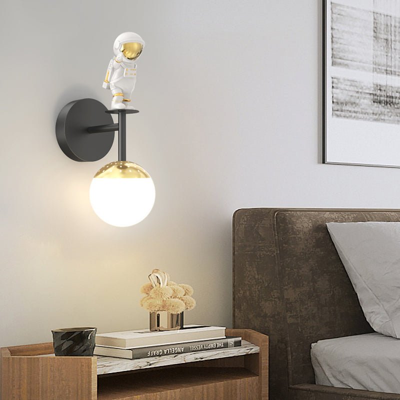 Cartoon Astronaut Wall Sconce — Iron, Acrylic & Resin, 20W LED, 3-Step Dimming, Black / White / Gold
