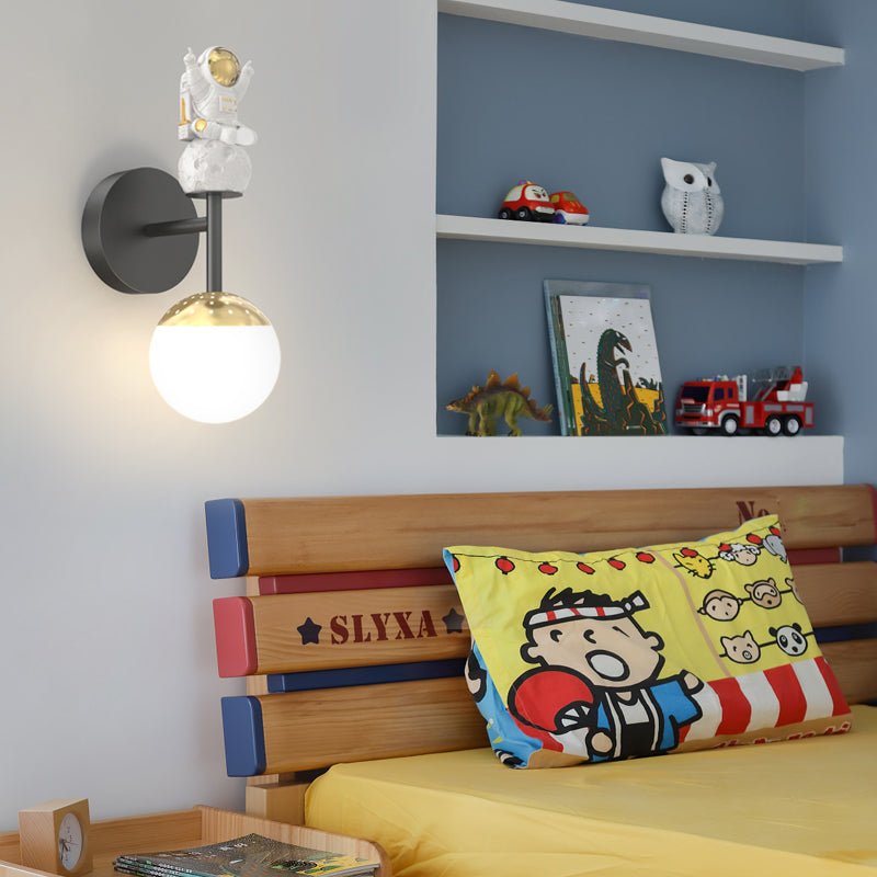 Cartoon Astronaut Wall Sconce — Iron, Acrylic & Resin, 20W LED, 3-Step Dimming, Black / White / Gold