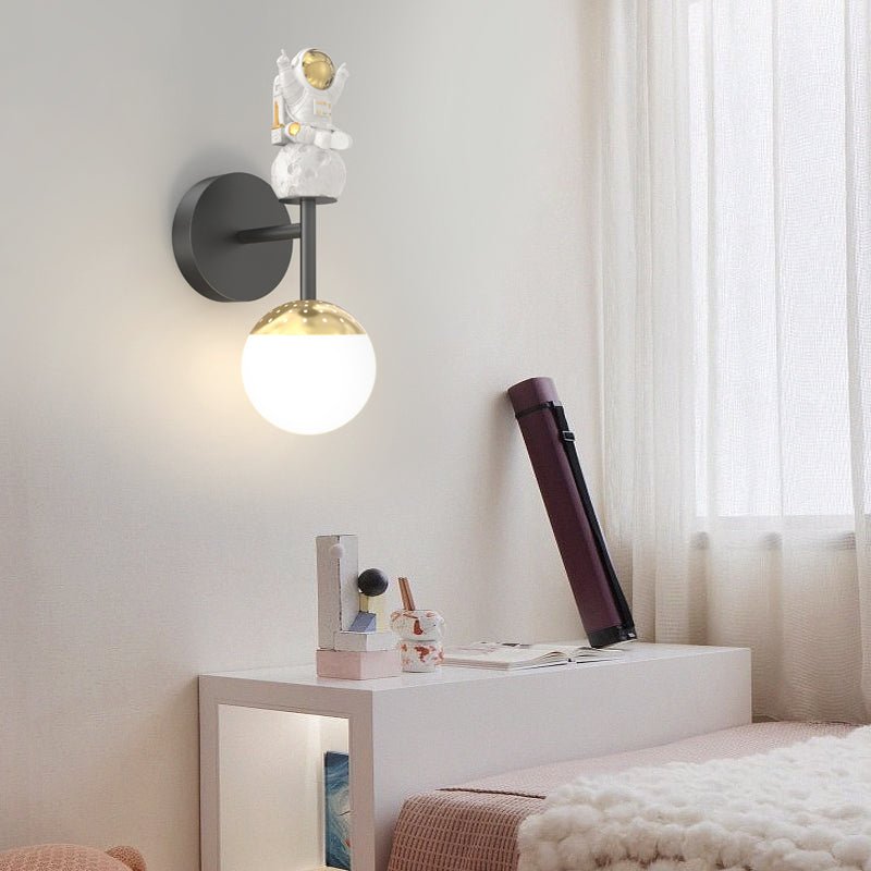 Cartoon Astronaut Wall Sconce — Iron, Acrylic & Resin, 20W LED, 3-Step Dimming, Black / White / Gold