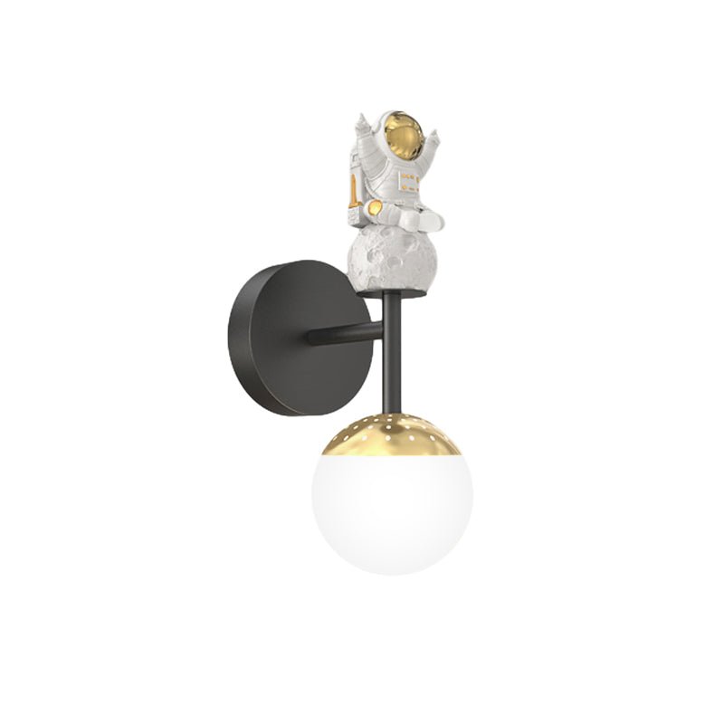 Cartoon Astronaut Wall Sconce — Iron, Acrylic & Resin, 20W LED, 3-Step Dimming, Black / White / Gold