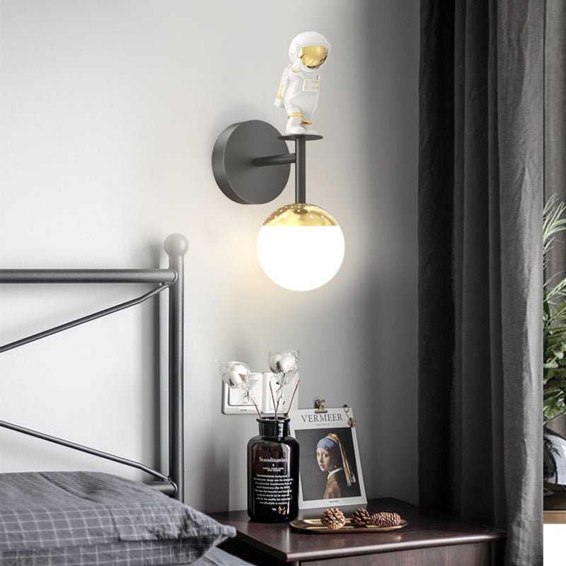Cartoon Astronaut Wall Sconce — Iron, Acrylic & Resin, 20W LED, 3-Step Dimming, Black / White / Gold