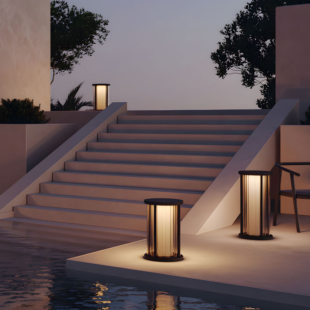 Cylinder Outdoor Lantern — Stainless Steel & Acrylic Crystal, 4W LED, 3000K, IP65, Solar / Hardwired, Pendant or Lawn Stake