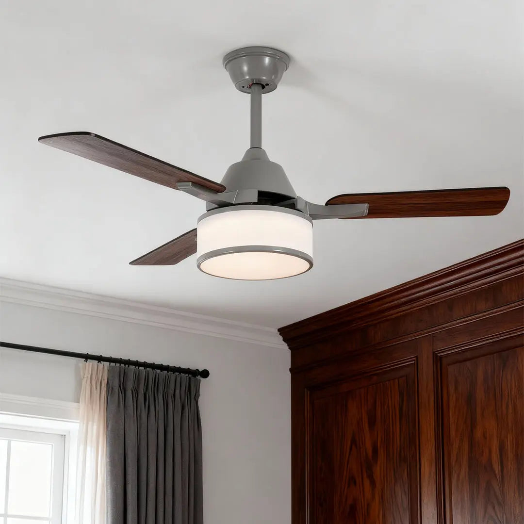 European Retro Ceiling Fan Lamp with Fabric Shade and Lights Luxe