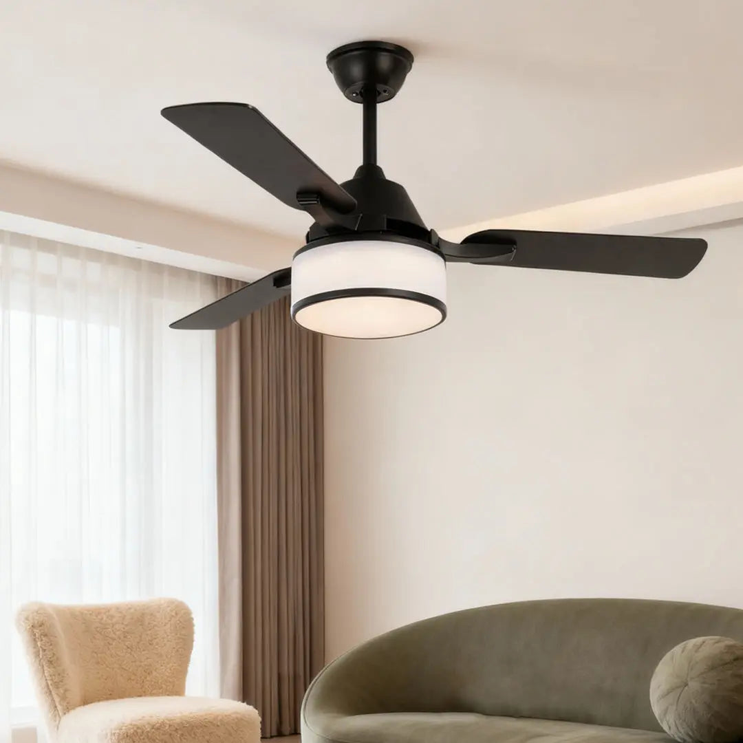 European Retro Ceiling Fan Lamp with Fabric Shade and Lights Luxe