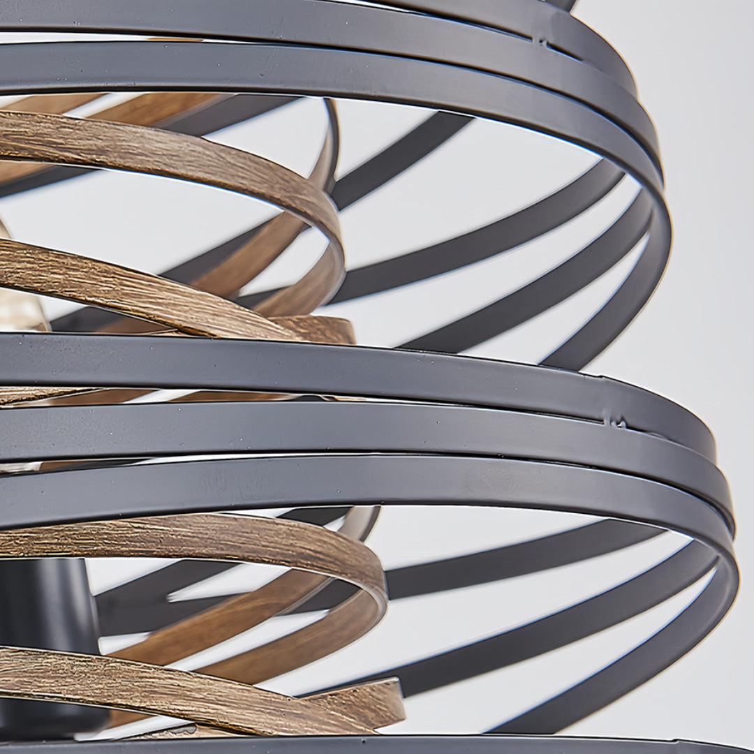 Round Drum Pendant Light — Black Iron, Walnut Wood Texture, Iron Cage, E12, 12.6" / 19.7" / 23.6"