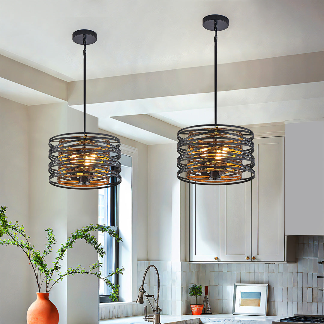 Round Drum Pendant Light — Black Iron, Walnut Wood Texture, Iron Cage, E12, 12.6" / 19.7" / 23.6"
