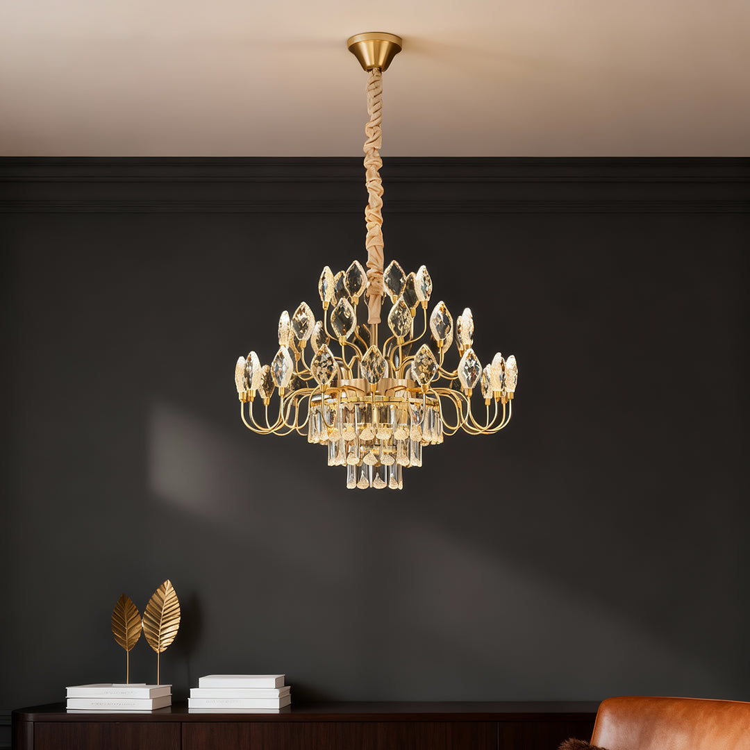 French Country Crystal LED Chandelier — Gold Iron Frame, 3-Step Dimming (3000K/4500K/6000K), 23.6"–47.2", Round or Linear