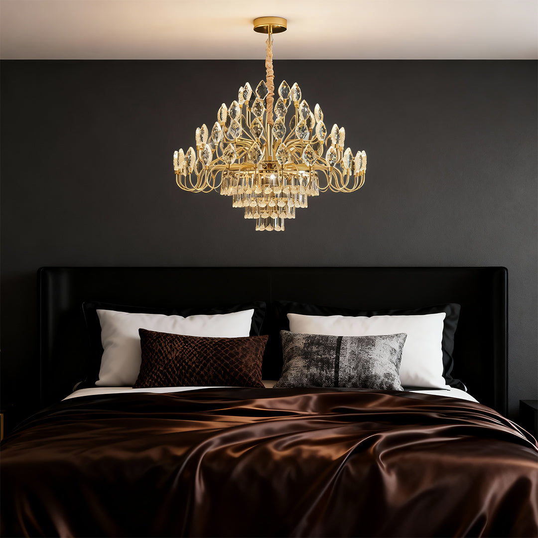 French Country Crystal LED Chandelier — Gold Iron Frame, 3-Step Dimming (3000K/4500K/6000K), 23.6"–47.2", Round or Linear