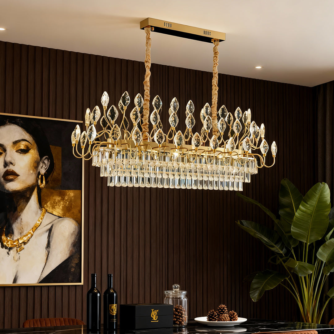 French Country Crystal LED Chandelier — Gold Iron Frame, 3-Step Dimming (3000K/4500K/6000K), 23.6"–47.2", Round or Linear