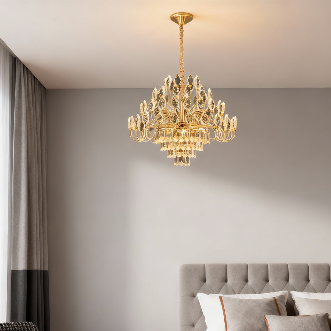 French Country Crystal LED Chandelier — Gold Iron Frame, 3-Step Dimming (3000K/4500K/6000K), 23.6"–47.2", Round or Linear