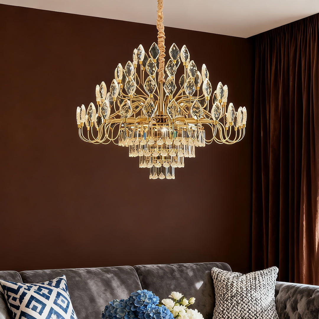 French Country Crystal LED Chandelier — Gold Iron Frame, 3-Step Dimming (3000K/4500K/6000K), 23.6"–47.2", Round or Linear