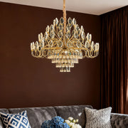 French Country Crystal LED Chandelier — Gold Iron Frame, 3-Step Dimming (3000K/4500K/6000K), 23.6"–47.2", Round or Linear