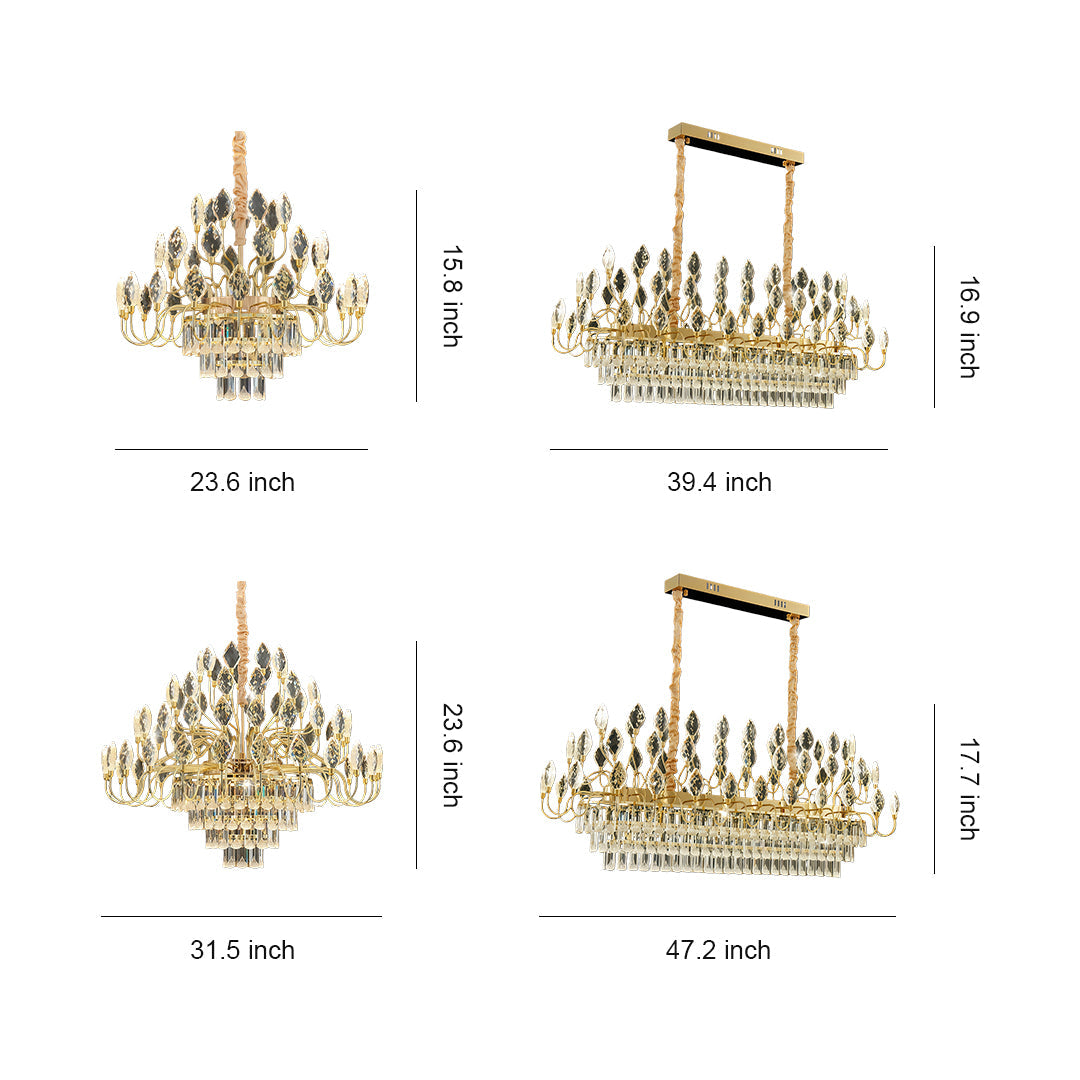 French Country Crystal LED Chandelier — Gold Iron Frame, 3-Step Dimming (3000K/4500K/6000K), 23.6"–47.2", Round or Linear