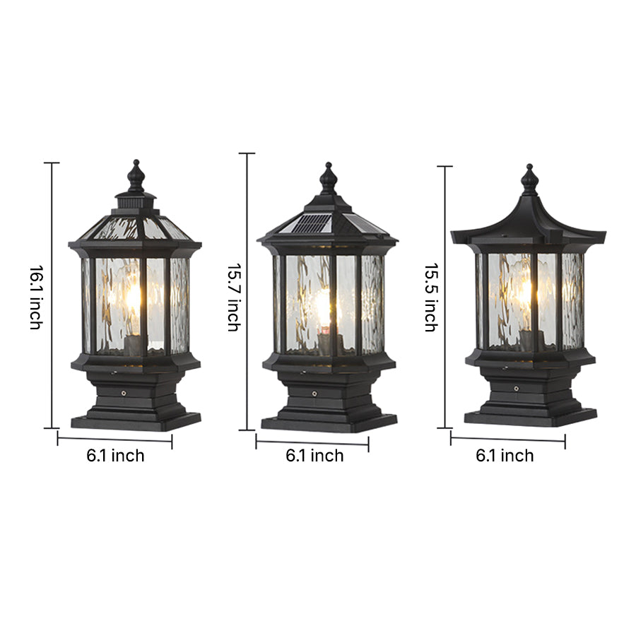 Vintage Lantern Pillar Light — Aluminum, Solar or Hardwired, IP54, 3-Step Dimming, Black or Bronze