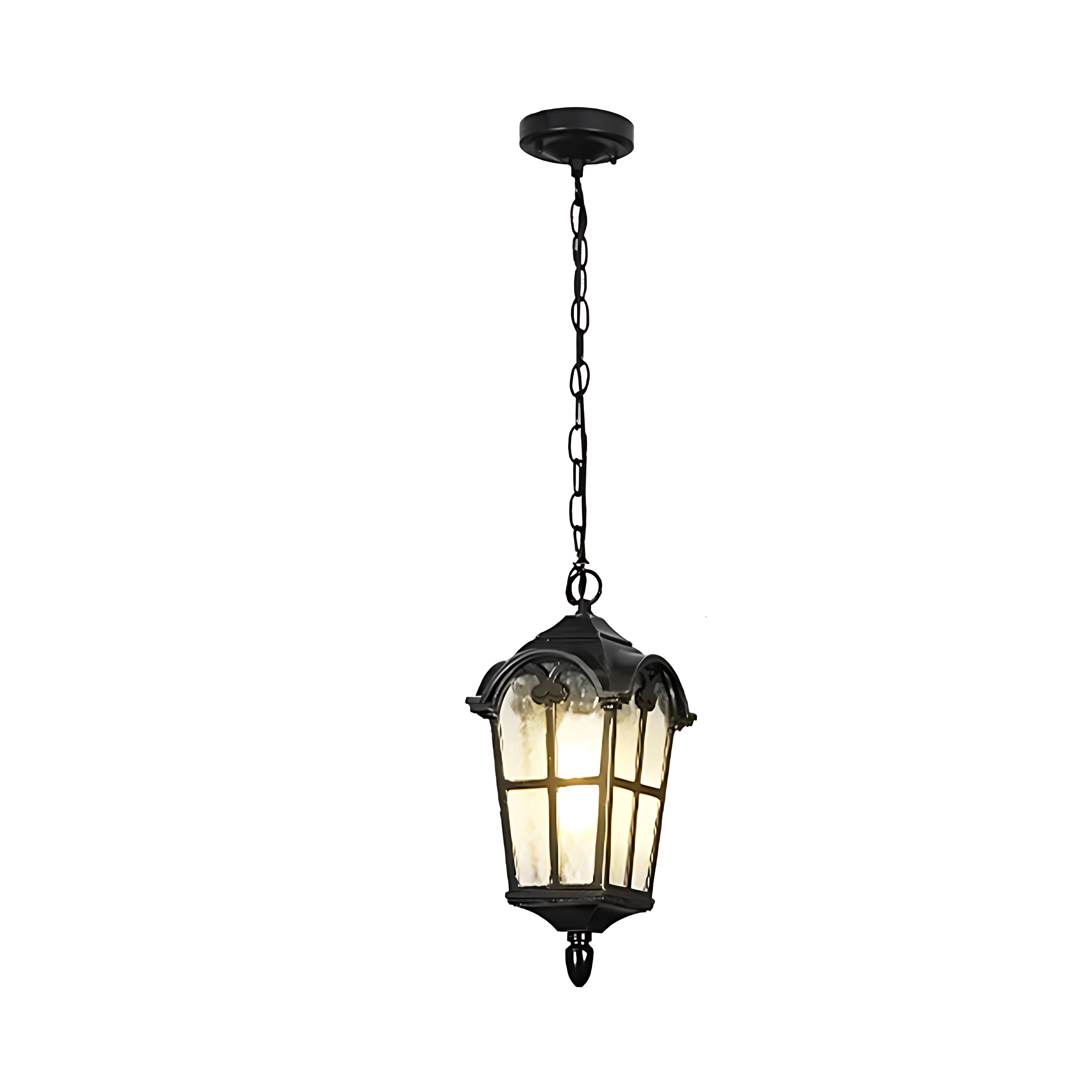 Roman-Style Outdoor Hanging Porch Light — Die-Cast Aluminum, Rippled Tempered Glass, Black and Gold, E27, IP55, 1-Light