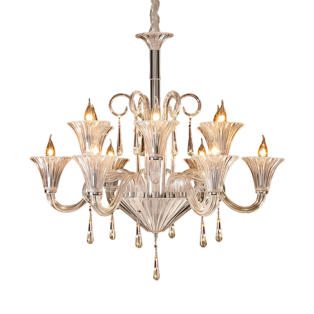 French Art Glass Chandelier — Clear Glass & Metal, 3-Step Dimming, E14, 12-Light or 18-Light