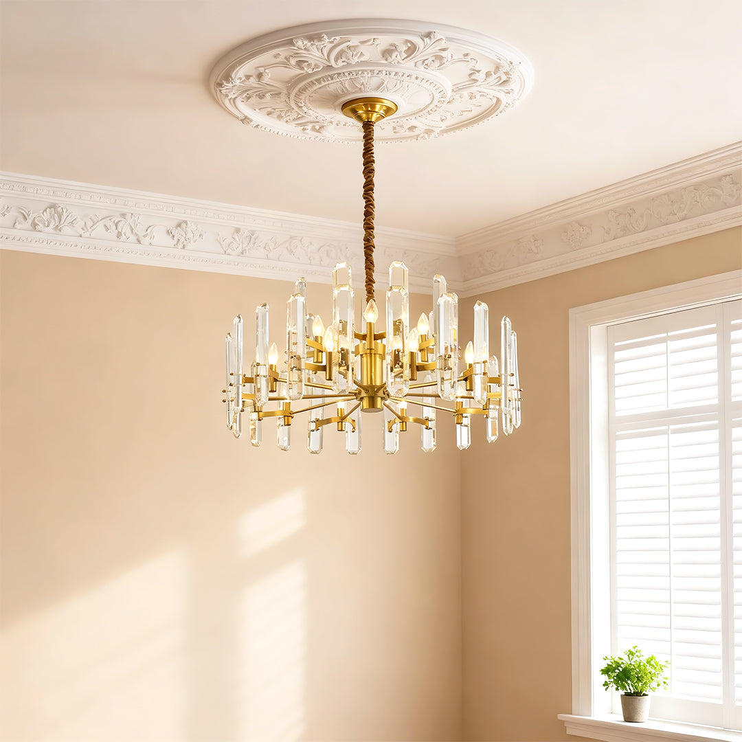 Modern Geometric Brass Chandelier — Solid Brass, Transparent Glass, E14, 4 Sizes