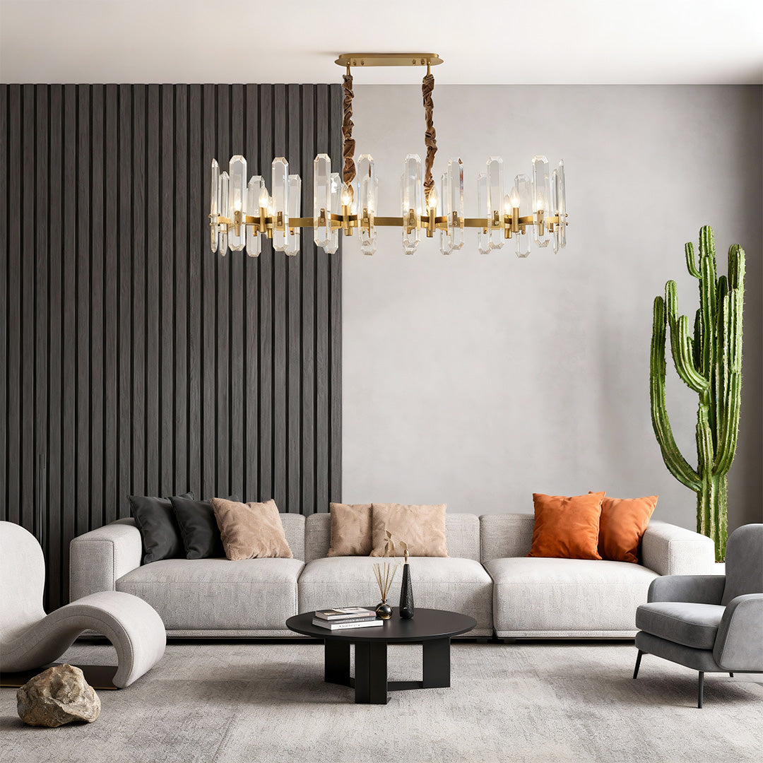 Modern Geometric Brass Chandelier — Solid Brass, Transparent Glass, E14, 4 Sizes