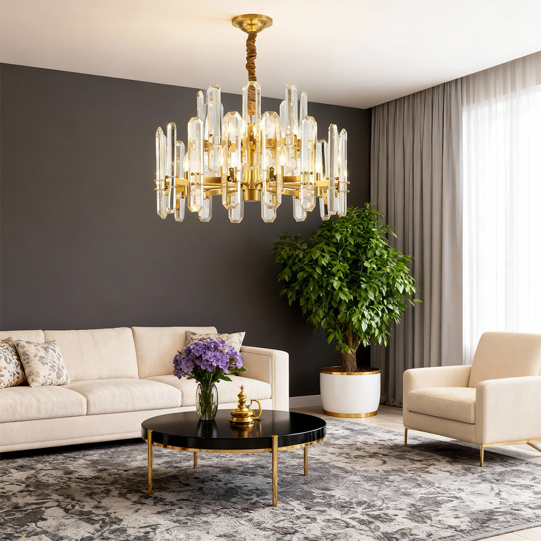 Modern Geometric Brass Chandelier — Solid Brass, Transparent Glass, E14, 4 Sizes