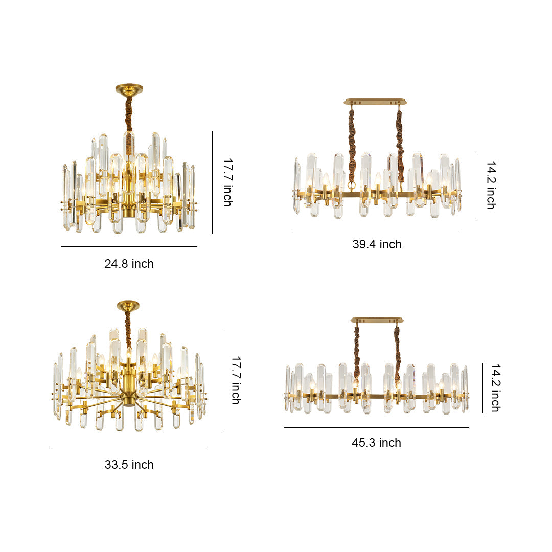 Modern Geometric Brass Chandelier — Solid Brass, Transparent Glass, E14, 4 Sizes