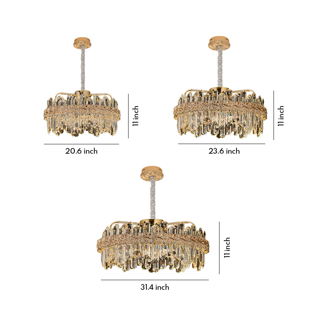 Crystal Chandelier — Champagne Gold-Plated Steel, Tri-Color LED, Single, Double, or Oval Layer, 6 Sizes