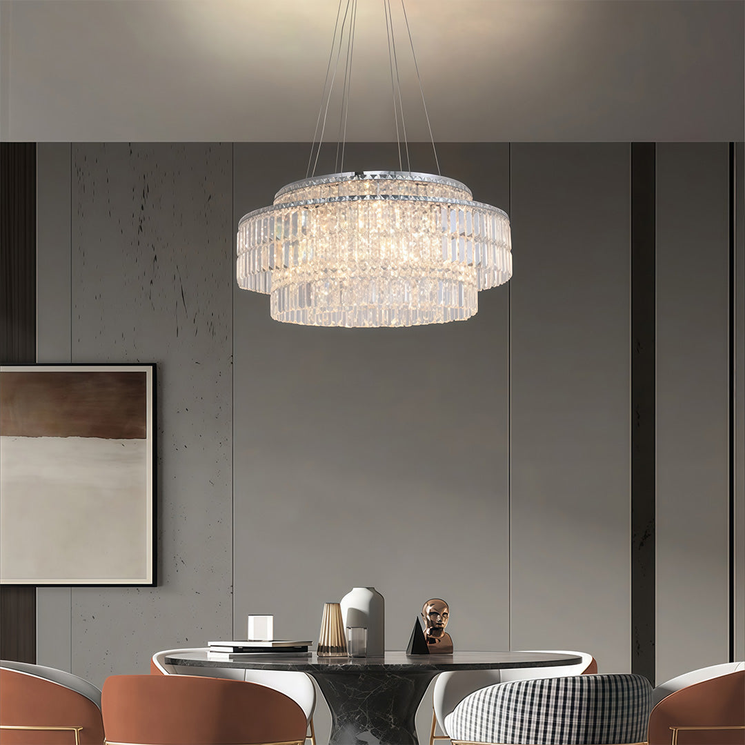 Minimalist Round Crystal Chandelier — Stainless Steel, E14, Three-Color Dimming, Adjustable Hang, 60cm / 80cm / 120cm