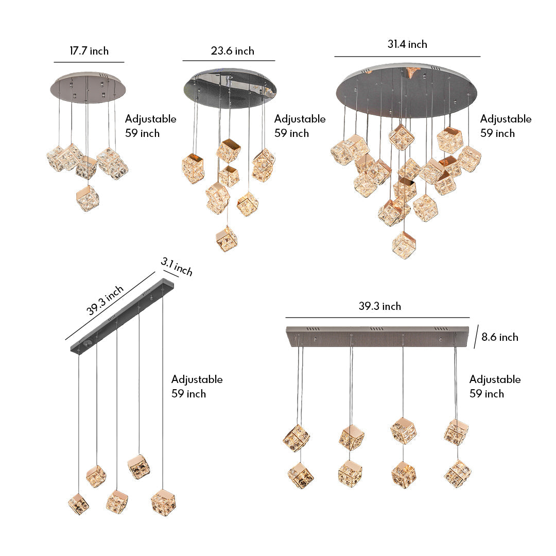 Rubik's Cube Crystal Chandelier — Champagne Gold, LED, 3-Step Dimming, 59.1" Chain, 6- to 17-Head