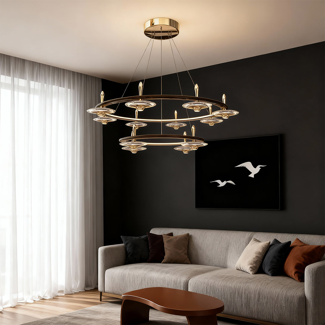 Round Crystal Chandelier — Terracotta Gold Metal, LED, Three-Color Dimming, 5-Head / 8-Head / 8+4-Head / Long 5-Head