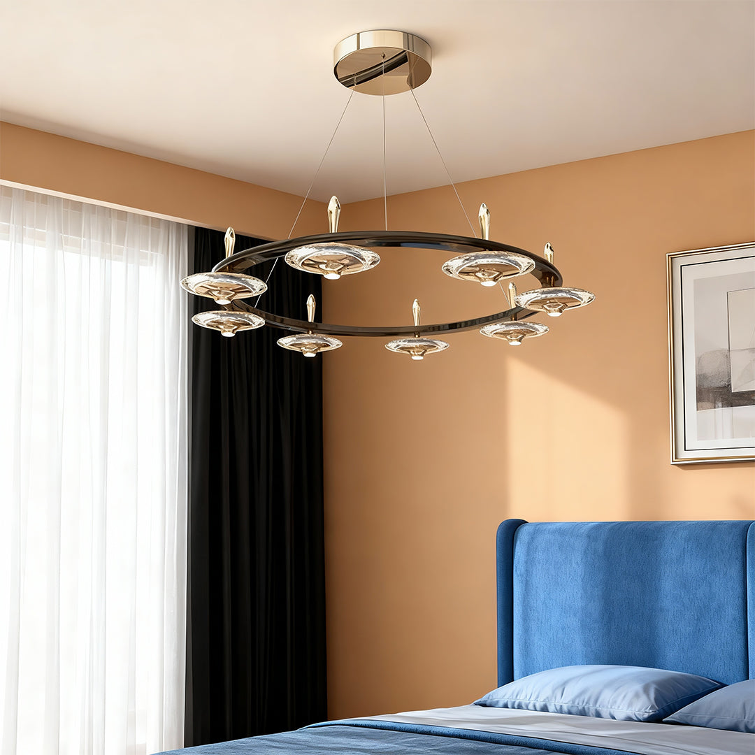 Round Crystal Chandelier — Terracotta Gold Metal, LED, Three-Color Dimming, 5-Head / 8-Head / 8+4-Head / Long 5-Head