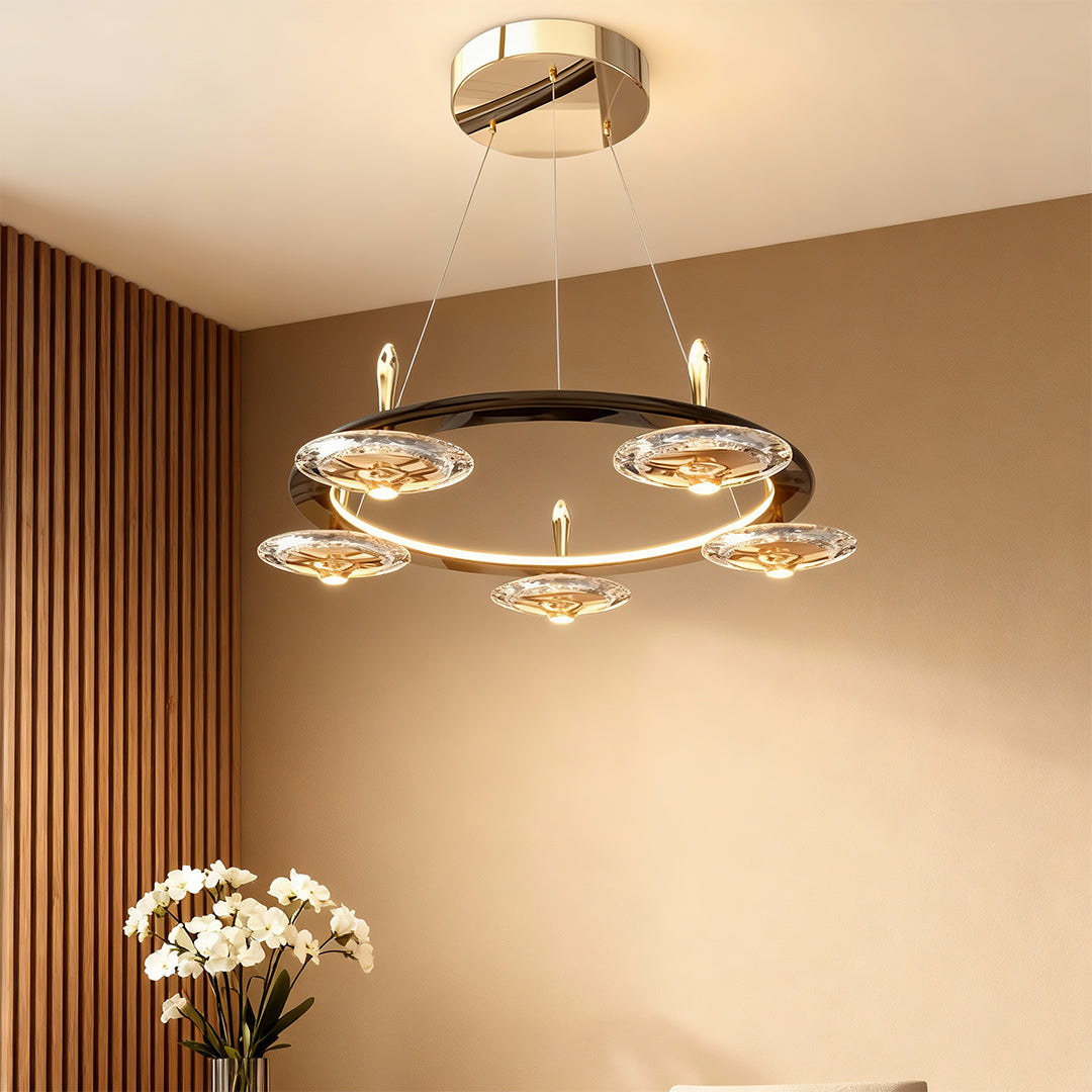 Round Crystal Chandelier — Terracotta Gold Metal, LED, Three-Color Dimming, 5-Head / 8-Head / 8+4-Head / Long 5-Head