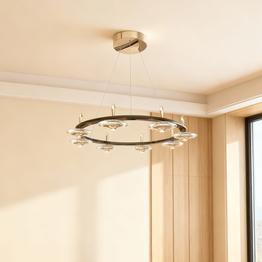 Round Crystal Chandelier — Terracotta Gold Metal, LED, Three-Color Dimming, 5-Head / 8-Head / 8+4-Head / Long 5-Head