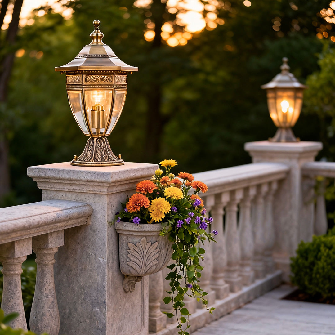 Classic Glass Outdoor Pillar Light — Solid Copper, Transparent Glass Shade, IP55 Weatherproof, E27/E14