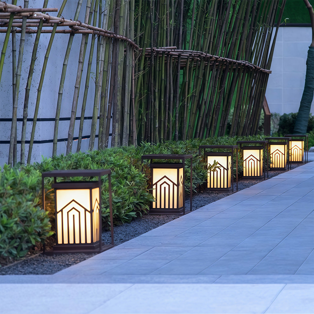 Marble-Effect Outdoor Lantern Path Light — Black Stainless Steel, Solar / Hardwired, IP65, 4 Sizes