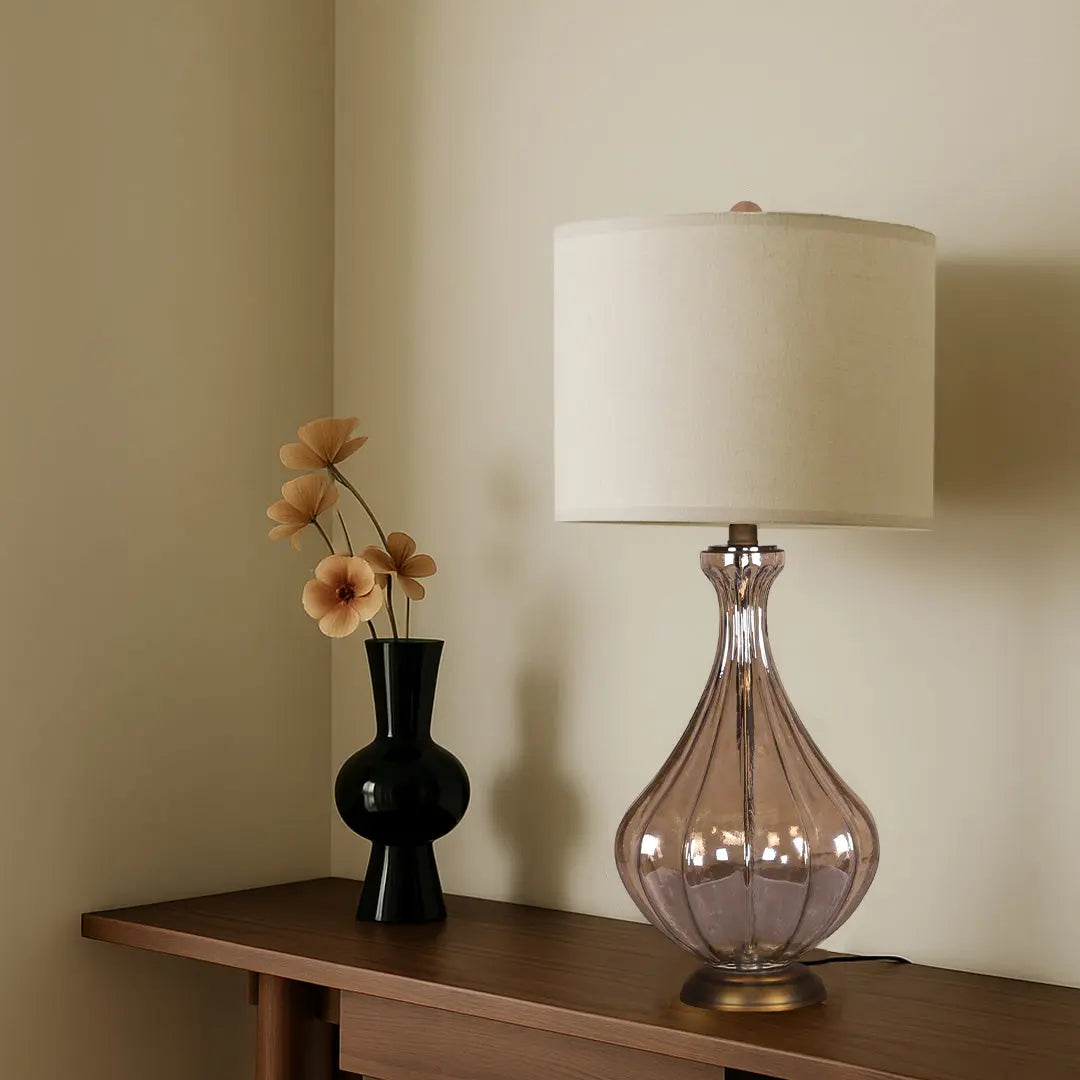 Classic Linen Shade Table Lamp with a Sculptural Glass Base Luxe
