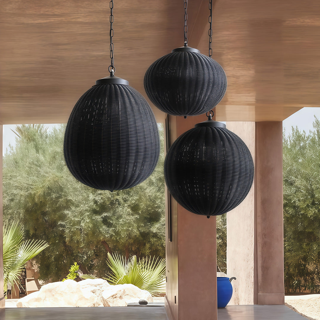 Woven Rattan Outdoor Pendant Light — Black Iron, LED, 7W, 47.2" Adjustable Chain, 3 Sizes