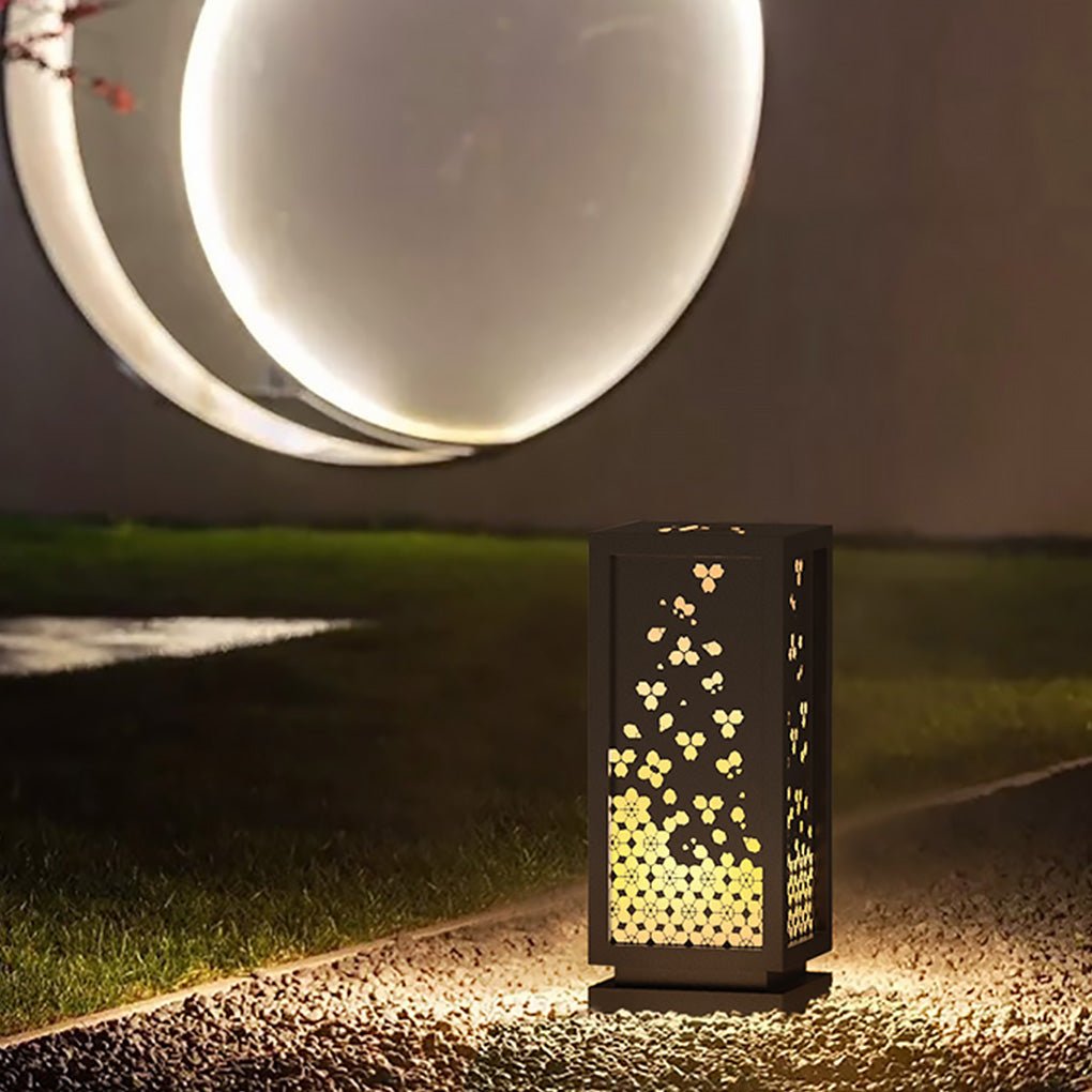 Garden Light with Carved Floral Lampshade in Rectangular Resin and Steel Design