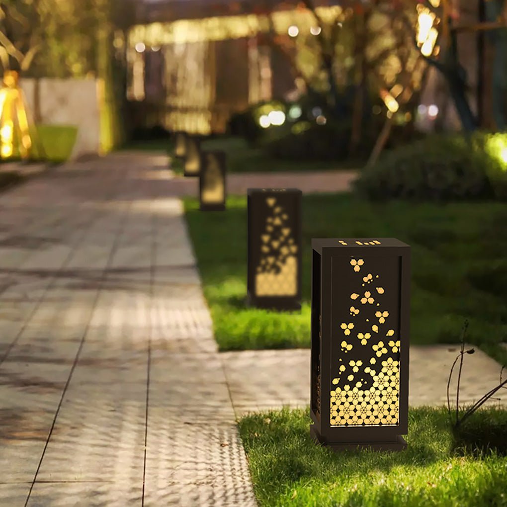Garden Light with Carved Floral Lampshade in Rectangular Resin and Steel Design