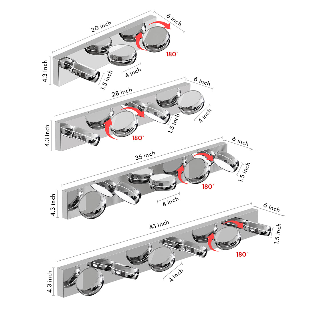 Minimalist Chrome Bathroom Vanity Light — Aluminum, LED 6000K, 3 to 6-Light Configurations