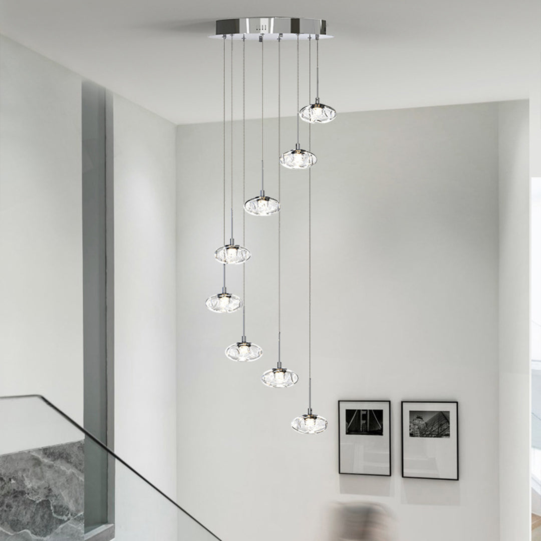 Minimalist Ring Chandelier for High Ceilings — Stainless Steel, Nanoclear Glass, LED, 7/8/12/18-Light, Dimmable, Chrome or Gold