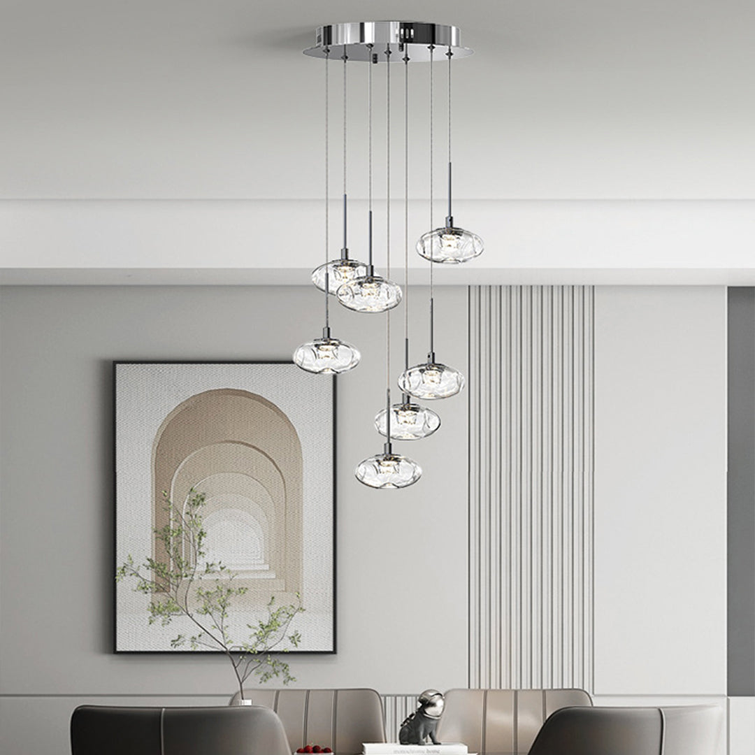 Minimalist Ring Chandelier for High Ceilings — Stainless Steel, Nanoclear Glass, LED, 7/8/12/18-Light, Dimmable, Chrome or Gold