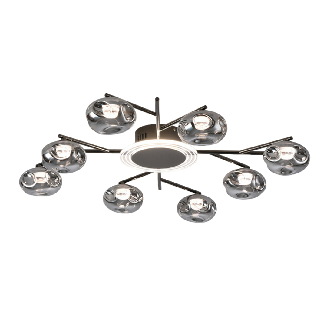 Branching Round Semi-Flush Mount — Wrought Iron and Glass, 8-Light 63W or 12-Light 91W, Three-Color Dimming, Ra≥97