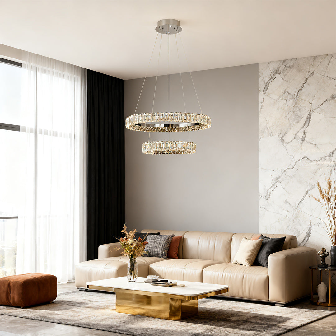 Minimalist Ring Chandelier — Crystal Accents, Dual-Color 3000K/6000K, Adjustable Cable, 50–100cm