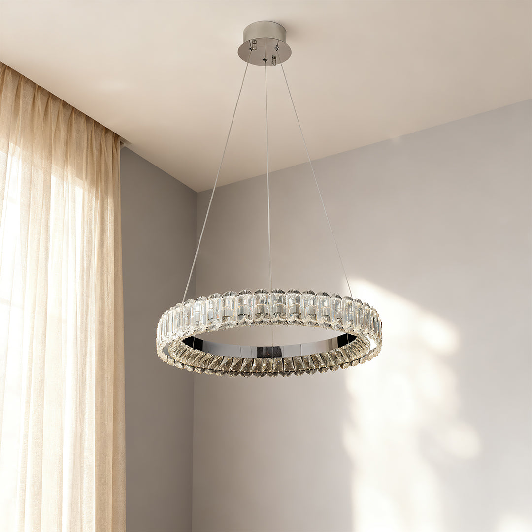 Minimalist Ring Chandelier — Crystal Accents, Dual-Color 3000K/6000K, Adjustable Cable, 50–100cm