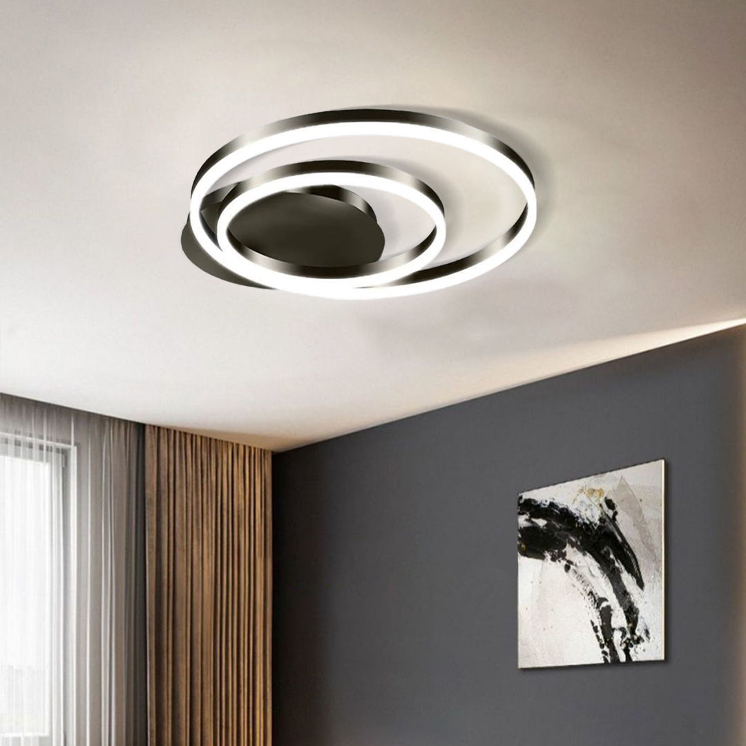 Circular Double-Circle LED Flush-Mount Ceiling Light — Aluminum and Acrylic, Three-Color Dimming, 36W / 48W / 64W