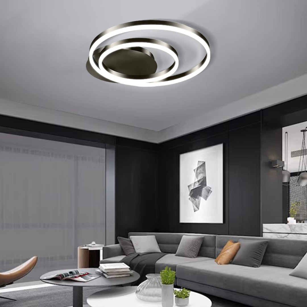 Circular Double-Circle LED Flush-Mount Ceiling Light — Aluminum and Acrylic, Three-Color Dimming, 36W / 48W / 64W