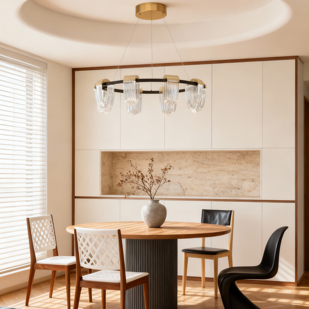 Circular Minimalist Chandelier — Gold-Gray Aluminum, 3-Step Dimming, 6-, 8-, or 15-Light, 47.2" Chain