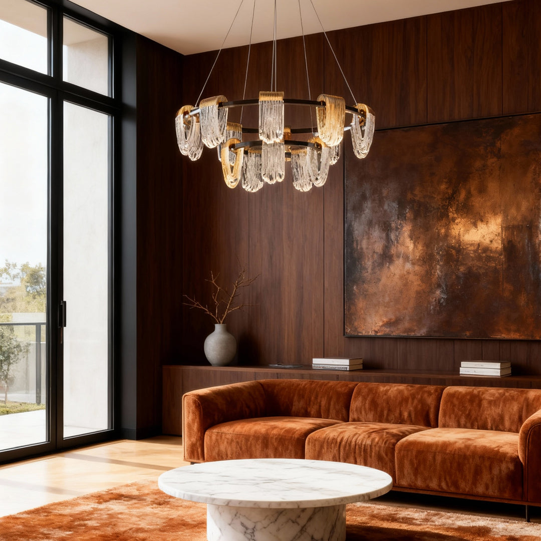 Circular Minimalist Chandelier — Gold-Gray Aluminum, 3-Step Dimming, 6-, 8-, or 15-Light, 47.2" Chain