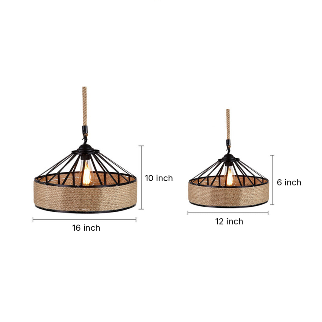 Circular Iron and Hemp Rope Pendant Light — Black, E27, 4W Warm, Adjustable 1.5m Suspension