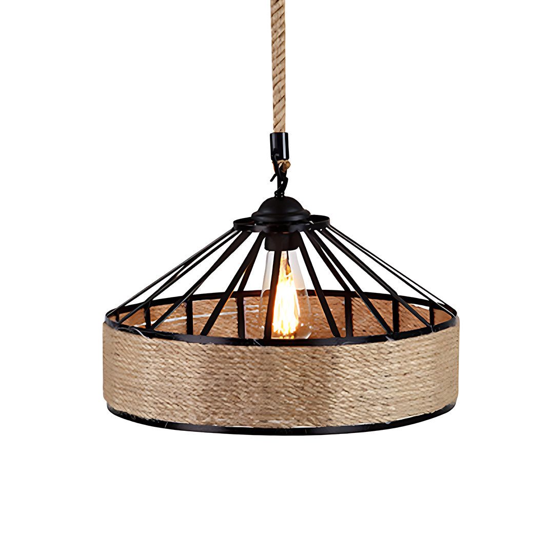 Circular Iron and Hemp Rope Pendant Light — Black, E27, 4W Warm, Adjustable 1.5m Suspension